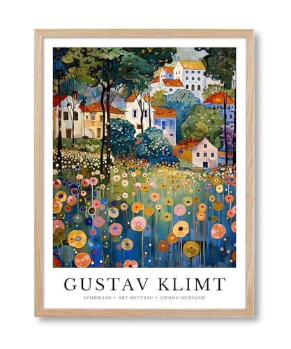 HesenDot Gustav Klimt Village Framed Wall Art, 12x16in Natural OAK Wood - color: Framed Gustav Klimt Landscape