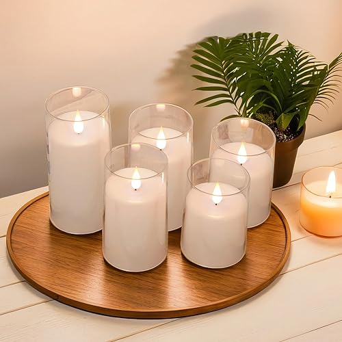 NICEME Acrylic Flickering Flameless Candles with Remote Timer, 5pcs Ivory Unbreakable Acrylic Battery Operated LED Candles with Flickering Flame for Romantic Ambience Home Decor, D3” xH4” 4” 5” 5” 6” - color: Ivory + Clear Acrylic, size: D 3”×H 4”4”5”5”6”