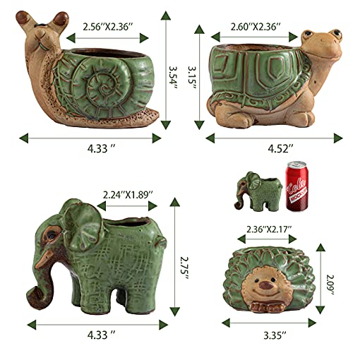 Small Succulent Pots with Drainage, Indoor/Outdoor Ceramic Animal Planter, Cute Cactus/Bonsai Small Flower Pots for Home Decor and Office Desk Decoration, A Set of 4 Pieces is Suitable as A Gift