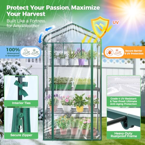 Mini Greenhouse for Outdoors Indoor: 27 x 19 x 62-Inch Ohuhu Small Green House with 4 Tier Shelves, Portable Plastic Greenhouses with Heavy Duty Transparent PVC Cover for Seedling Patio Porch Balcony - color: Clear, size: 4 Tier Single Layer Roof