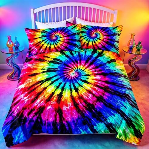BlessLiving Rainbow Tie Dye King Comforter Set, Bohemian Style, 3 Pieces - color: Black Purple Blue, size: King