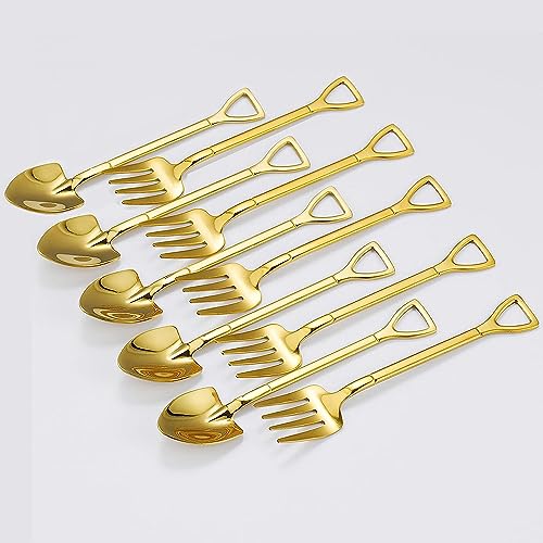Comicfs 10 Pcs 4.7 Inches Tableware Gold Shovel Shape Coffee Spoon Fork Set, Little Demitasse Espresso Spoon and Appetizer Dessert Forks Set, Tea Spoons Set (5 Spoons 5 Forks, Gold) - color: 10 Pcs Gold (5 Spoons+5 Forks), size: 10 Pcs