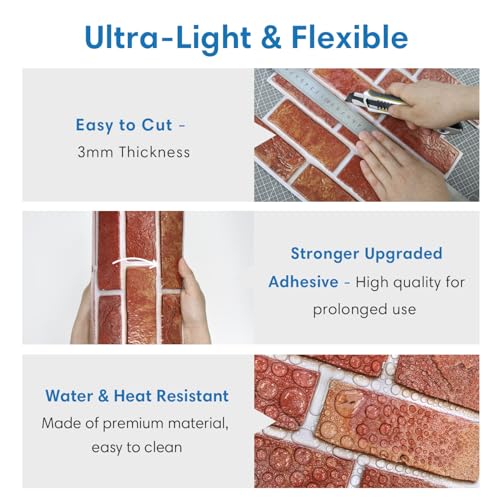 COMSTICKC 3D Peel and Stick Faux Brick Wall Panels for Quick DIY Wall Decor - color: Vintage Red - 01