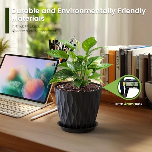 Meowell 7 inch Plant Pots for Indoor Outdoor Plants, 5 Pack Thick Flower Pots with Drainage Holes and Saucers, 3D Modern Wave Texture Plastic Planter Pots for House Plants, Black - color: Black, size: 7 inch 5 pieces