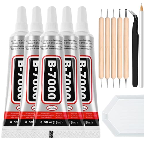 B7000 Clear Adhesive with Precision Tips, 5 PCS B-7000 Jewelry Bead Glue for Diamond Rhinestone Applicator Tools Set - Strength Adhesive for Nail Art DIY Crafts Clothes Shoes Bags - color: 5x15 ML/ 0.5 oz