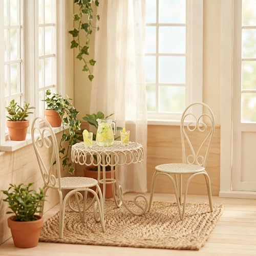 6 PCS Dollhouse Mini Bistro Table & Chairs Set with Resin Lemon Tea Set - color: Beige