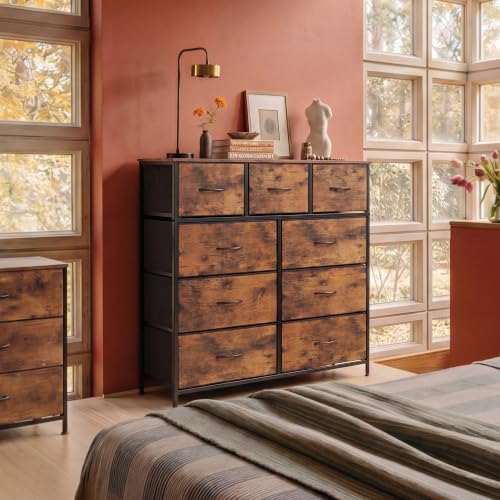 WLIVE Tall Dresser for Bedroom, 9 Drawer Chest of Drawers, Rustic Brown - color: Rustic Brown Wood Grain Print