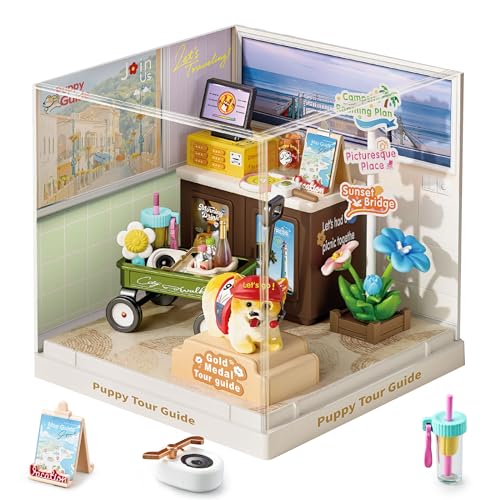 Puppy Tour Guide Travel Super Miniature House Kit - DIY Plastic 3D Model Building Set for Teens, Build Your Own Corgi Travel Scene with Dustproof Case, Creative Craft Gift for Girls Women - color: Puppy Tour Guide, size: Small