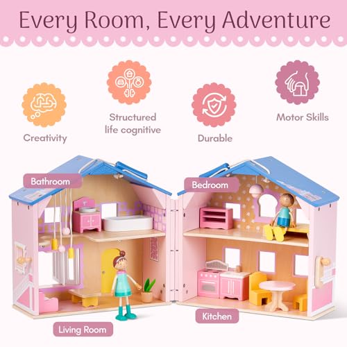 Exquisite Pink Wooden Dollhouse for Girls with Dolls and Furniture