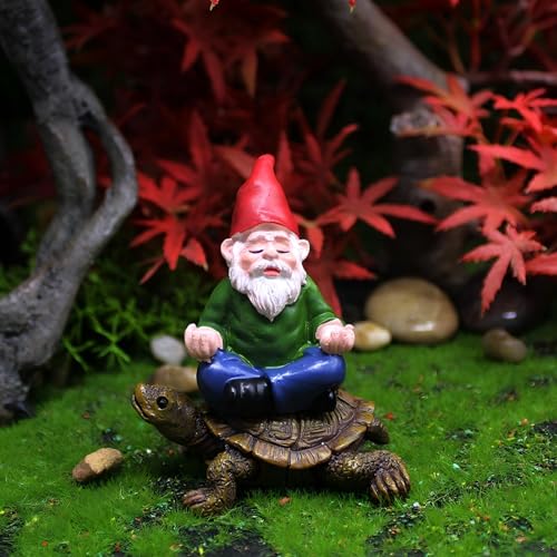 Mini Turtle Gnome Statue for Fairy Garden, Hand-Painted Meditation Gnome on Turtle, Tiny Gnome Figurine Plant Pot Decor, Fairy Garden Miniatures & Accessories, 3 x 2.6 x 2.2 Inches - color: Meditating Gnome Turtle