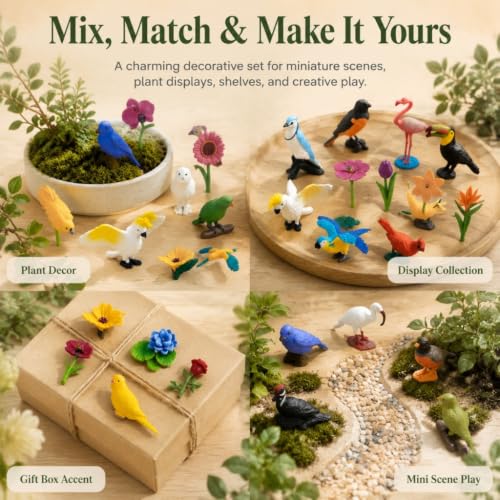 25pcs Plastic Animal Figures, Mini Bird & Flowers Figurines for Kids