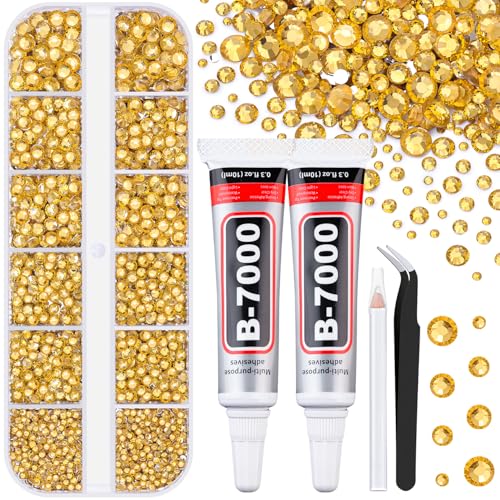 6100Pcs Resin Rhinestones for Bedazzling with 2Pcs 10ml B7000 Jewelry Glue, 1 Box Flatback Crystals Diamond (Golden Yellow) for Crafting Crafts, Gems for Clothing Shoes Tumblers Nail Art - color: Golden, size: 1 Small Pack + 2Pc Glue