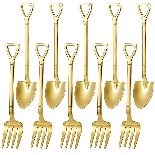 Comicfs 10 Pcs 4.7 Inches Tableware Gold Shovel Shape Coffee Spoon Fork Set, Little Demitasse Espresso Spoon and Appetizer Dessert Forks Set, Tea Spoons Set (5 Spoons 5 Forks, Gold) - color: 10 Pcs Gold (5 Spoons+5 Forks), size: 10 Pcs