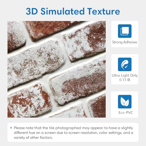 COMSTICKC 3D Faux Brick Wall Panels Peel and Stick, 10 Pcs 11.8" x 11.8" - color: Whitewash Red-4