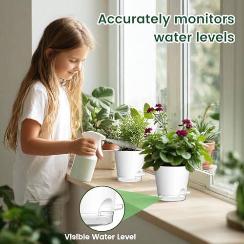 Meowell 4 inch Self Watering Pots for Indoor Plants, 5 Pack Small Flower Plant Pots with Drainage Holes and Clear Reservoirs, Visible Water Level, Plastic Planters with Wicking Rope, White - color: White, size: 4in 5pcs