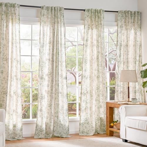 jinchan Linen Curtains 90 inch Green Floral Farmhouse Rod Pocket 2 Panels - color: Amlie Green, size: 50"W x 90"L (Pack of 2)