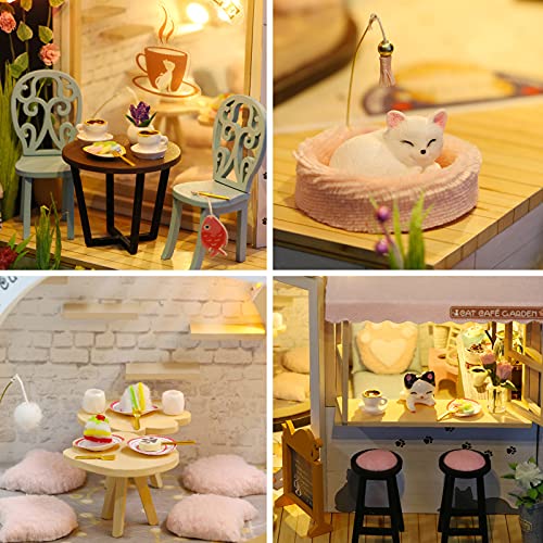 GuDoQi DIY Miniature Dollhouse Kit, Tiny House Kit with Music, 1:24 Scale, Handmade Crafts Gift for Christmas Day Birthday, Lovely Cats' Coffee Shop - color: Coffee Shop