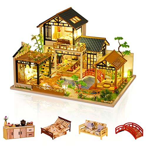 GuDoQi DIY Miniature Dollhouse Kit, Tiny House kit with Furniture, Miniature House Kit 1:24 Scale, Great Handmade Crafts Gift for Birthday Christmas Day, Villa with Courtyard - color: Villa With Courtyard