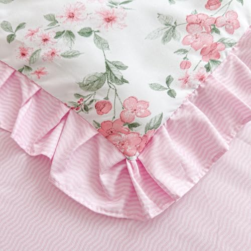 3 Pieces Pink Rose Flowers Mini Crib Bedding Set Baby Ruffled Quilted Comforter with Fitted Sheet and Bed Skirt - Cute Ruffled Shabby Chic Baby Girls Bedding Soft Blanket Floral Design - color: Rose Flower, size: 3 Pieces Mini Crib