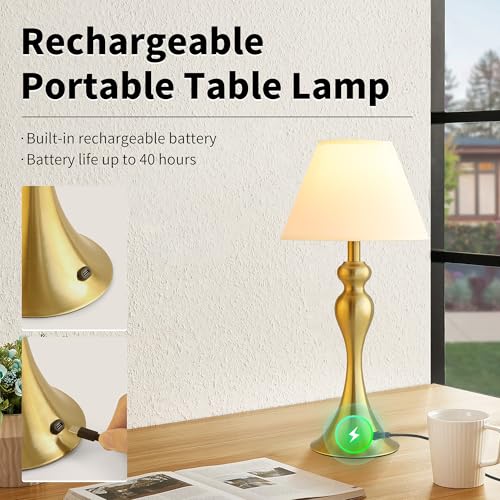 Mr.White Rechargeable Cordless Table Lamp with E26 LED Bulb, 5200mAh Battery Operated Portable Table Light with Fabric Shade, for Patio Restaurant Kitchen Bedside Living Room (Gold) - color: 18.1" Gold (1 Pack)
