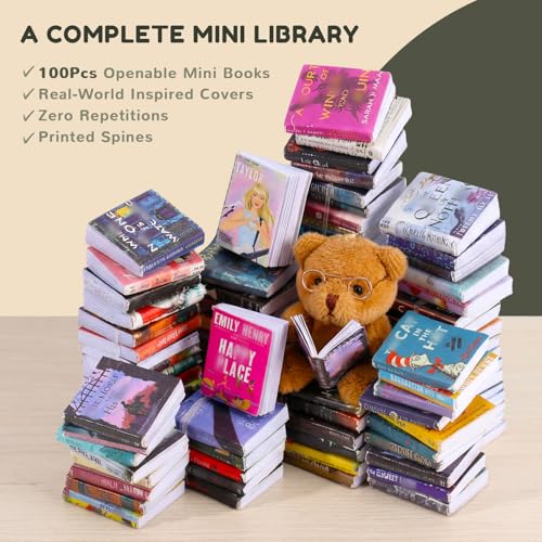1:12 Scale Mini Desk Set with 100 Mini Books & 2 Bookshelves — Miniature Dollhouse Furniture Set with Office Chair, Computer & 15+ Accessories — Mini Desk Accessories for Doll House Diorama - color: Vintage Brown