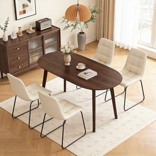 63" Oval Dining Table Set for 4 with Solid Wood Legs - color: Walnut Table C-beige Chairs