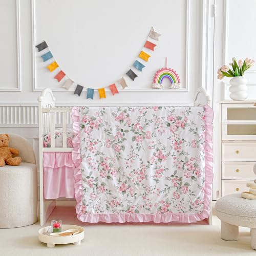 3 Pieces Pink Rose Flowers Mini Crib Bedding Set Baby Ruffled Quilted Comforter with Fitted Sheet and Bed Skirt - Cute Ruffled Shabby Chic Baby Girls Bedding Soft Blanket Floral Design - color: Rose Flower, size: 3 Pieces Mini Crib