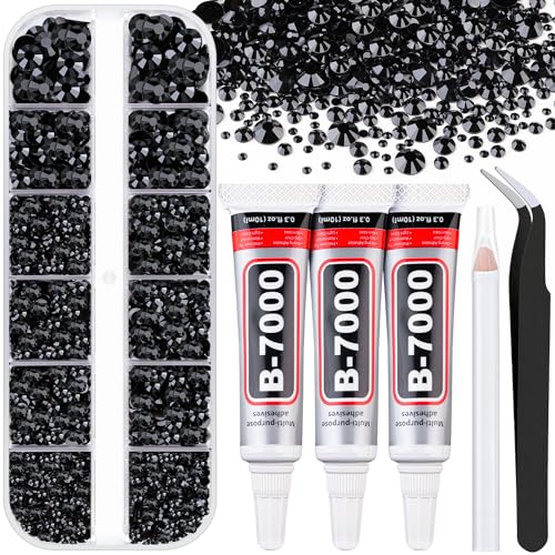 Resin Black Rhinestones for Bedazzling with B7000 Jewelry Glue, 1 Box Flatback Crystals with 3Pcs 10ml Glue for Crafting, Gems for Nail Art Makeup - color: Black, size: 1 Small Pack with Glue