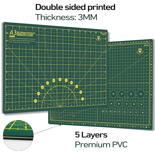 Headley Tools 18"x12" Thickened Self Healing Cutting Mat, A3 Rotary Cutting Sewing Mat for Crafts, Double Sided 5-Ply Table Cutting Board for Fabric Quilting Leather Arts Hobby Project, Green - color: Dark Green, size: 17.7"L x 11.8"W