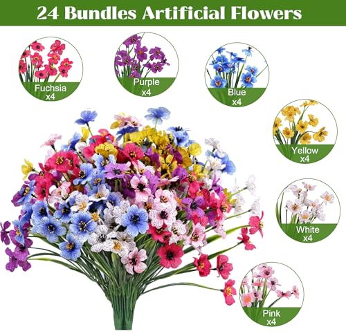Bassion 24 Bundles Artificial Flowers for Outdoors Decorations, Colorful - color: Multi Color