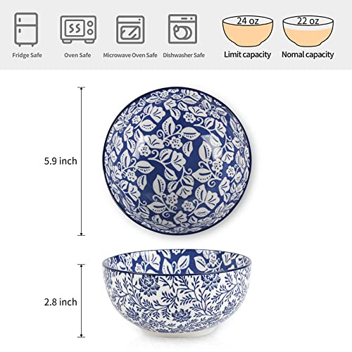 Selamica Ceramic Cereal Bowls Set of 6, 24 Oz Deep Soup Bowls for Kitchen - color: Vintage Blue, size: 5.9 Inch