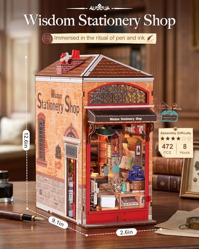 Rolife 3D Wooden Puzzle Book Nook Wisdom Stationery Shop, Book Themed Decorative Insert, Creative DIY Kit for Stationery Lovers & Bookshelves - color: Wisdom Stationery Shop