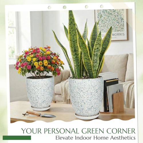 11.8 Inch Flower Pots for Indoor Plants,Ceramic Planter with Saucer Drainage Leak-Proof Mesh Gardening Gloves (Spotted Blue) - color: Spotted Blue, size: 11.8 Inch