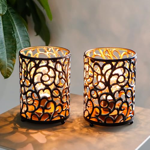 JHY DESIGN Set of 2 Battery Operated Lamps 6.5''H Metal Table Lamp Vintage Cordless Lights with 6-Hours Timer Fairy Lights for Home Decor Living Room Bedroom Wedding Indoor Outdoor(Black)