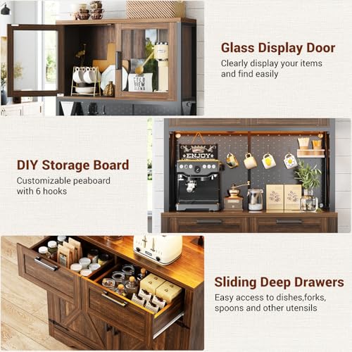 Unikito 71" Kitchen Pantry Cabinet with LED Light & Outlet, Microwave Stand - color: Weathered Brown, size: 32 Inch