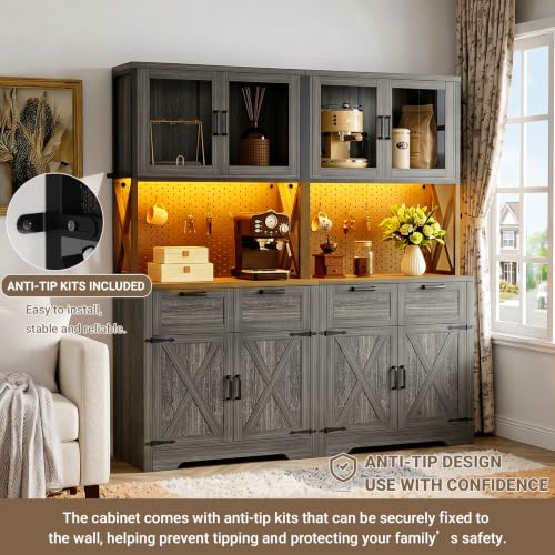 Unikito 71" Tall Kitchen Pantry Storage Cabinet with LED Light & Outlets - color: Enoch Walnut, size: 63 Inch