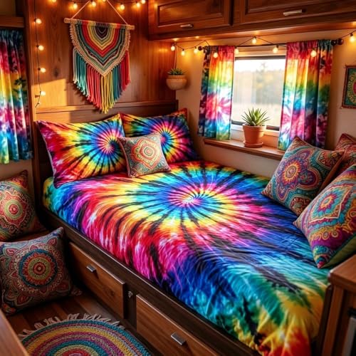 BlessLiving Rainbow Tie Dye King Comforter Set, Bohemian Style, 3 Pieces - color: Black Purple Blue, size: King