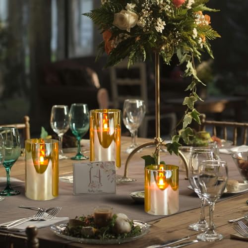 NICEME Radiance Evanescing Flameless Candles with Remote, 3 Pack Glass Battery Operated Candles with Timer, Real Wax Glass LED Candles Flickering Wedding Home Party Christmas D3 x H4 5" 6" Gold - color: White + Gold Glass, size: D 3”×H 4”5”6”