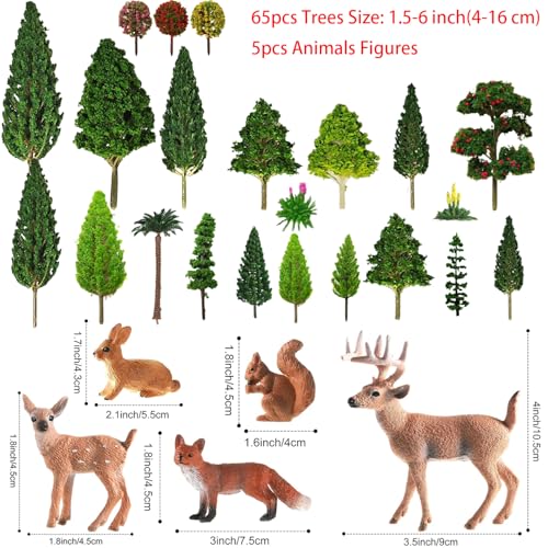 Mixed Model Trees, 70pcs, 1.5-6 inch(4-16 cm), Ho Scale Bushes with Animals Figures, Plastic Trees for Projects, Model Train Scenery
