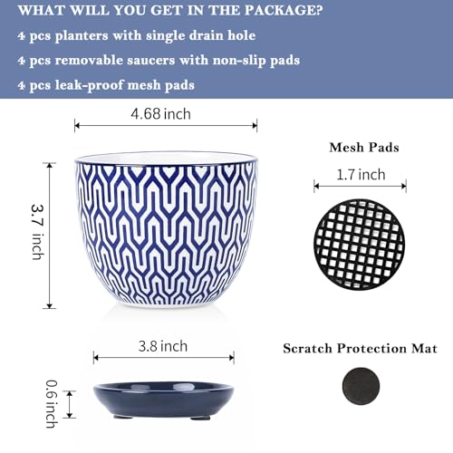 Selamica Ceramic Plant Pots, 4.6 Inch Flower Pots for Indoor Plants, Succulent Pots with Drainage Hole & Saucer, Succulent Planters for Succulent Cactus, Home Decor, Set of 4, Vintage Blue - color: Vintage Blue, size: 4.6 Inch, Set of 4