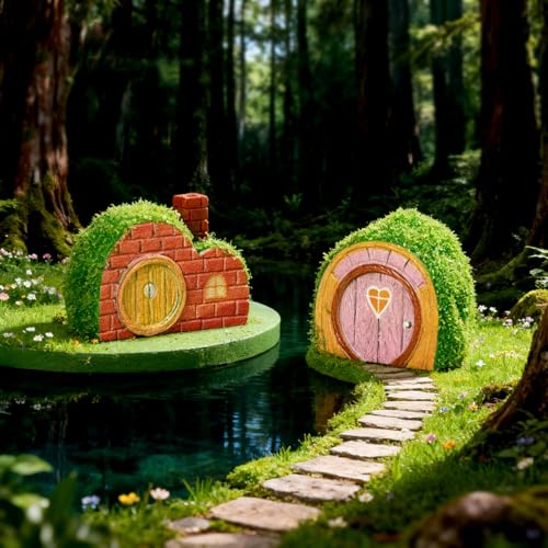 Set of 4 Flocked Miniature Fairy Garden House Accessories, Mini Resin Gnome Elf House Figurines for DIY Micro Landscape Decor Outdoor Bonsai, Terrarium, Planter Flower Pot Ornaments - color: Gnome House
