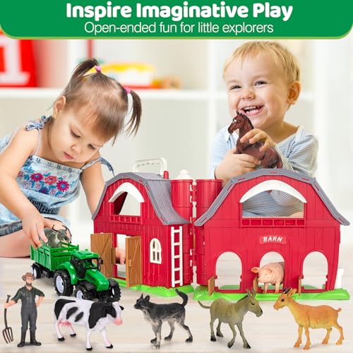 Ellinjan Farm Animals Toys for Toddlers Girls Boys, Big Red Barn Farm with Figures Animals and Tractor Toy for Kids 3 4 5, Farm Playset Educational Learning Toys, Ideal Christmas Birthday Gifts