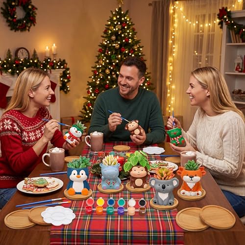 Hushee 12 Sets Ceramic Succulent Pots to Paint with Drainage - color: Animal