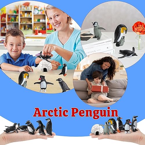 SCAHOW 11PCS Penguin Toys, Plastic Arctic Animal Penguin Figures for Kids, Realistic Polar Animals Penguin Figurines Set with Igloo Model, Cake Topper Winter Miniature Toys Decoration - style: 11PCS