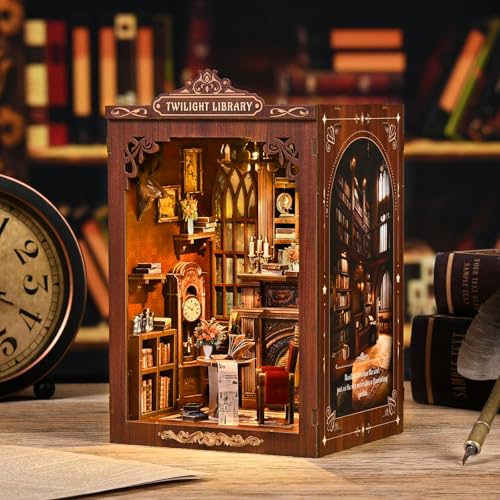 Library Book Nook Kit, DIY Miniature House Kit with LED, Vintage Study Bookshelf Decor, 3D Wooden Puzzle Craft, Gifts for Readers, Adults, Teens, Beginners (Twilight Library) - style: Twilight Library
