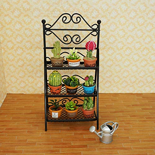 Dollhouse Furniture Flower Stand Set (11pieces) - Vintage Metal Plant Stand and Other Miniature Accessories for 1 12 Scale Dollhouse Balcony Decoration (Black)