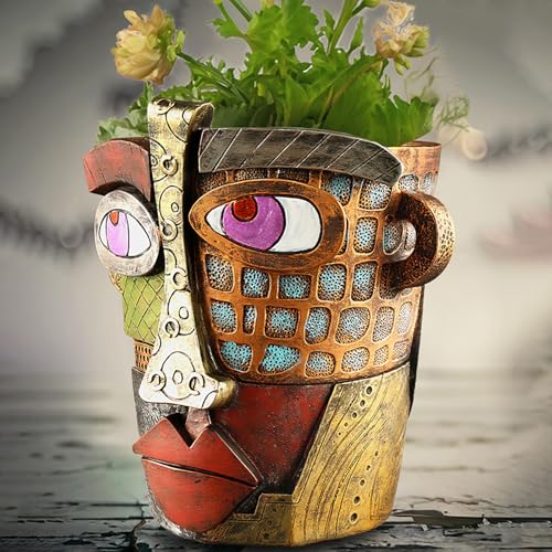 Picasso Abstract Resin Flower Pots Colorful Unique Face Planters Pots Head - color: Retro Face
