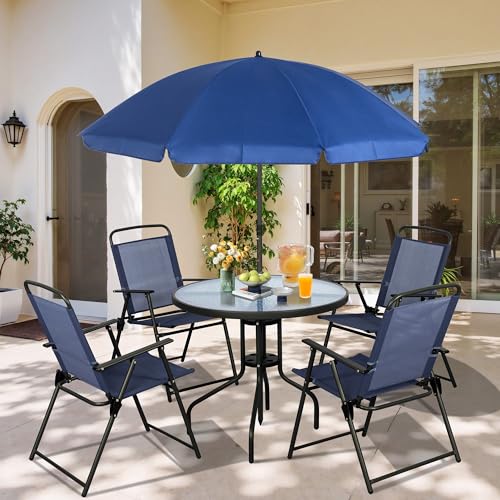 Vongrasig 6 Pieces Folding Patio Dining Set, All Weather Small Metal Outdoor Table and Chair Set, Garden Patio Furniture Set w/Umbrella, Glass Table & 4 Folding Chairs for Lawn, Backyard, Blue - color: Blue