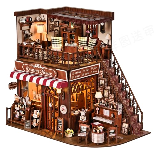 DIY Miniature House Kit, Dollhouse Fantastic Corner Shop for Adults to Build, Birthday/Christmas Day Gift for Family and Friends, Prefab Tiny Home with LED Lights,Corner Dessert House - color: Corner Dessert House