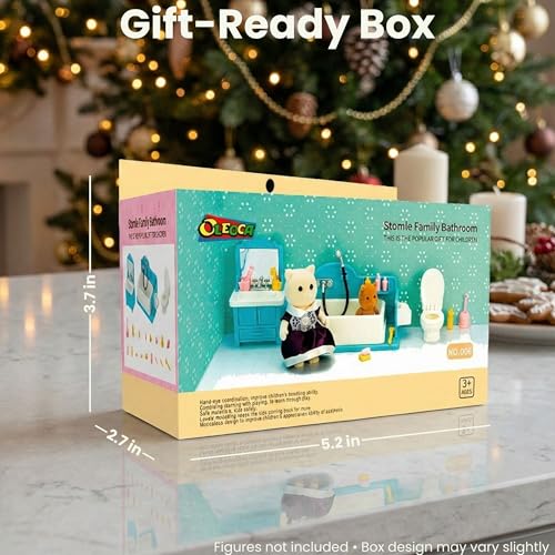 Family Dollhouse Bathroom Set — Bathtub with Hand Shower, Sink with Mirror & Toilet, Soap, Toothbrush & Toilet Paper Roll — Dollhouse Furniture & Accessories for Ages 3+ - style: Bathroom Set